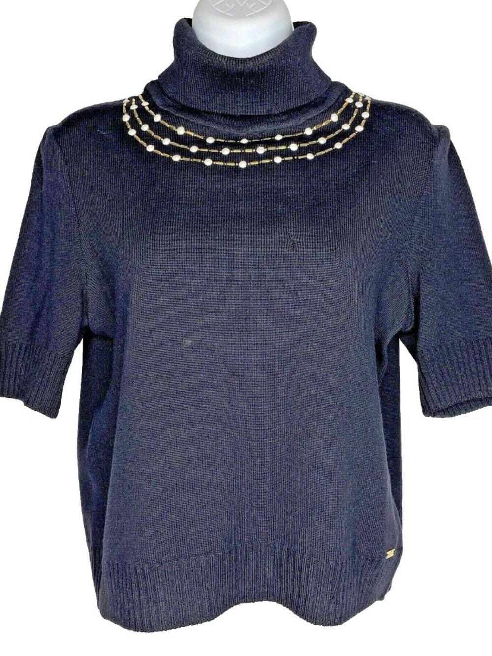 Vintage Y2K St John Sport Turtleneck Sweater Size 2 Black Wool Beaded Pearls